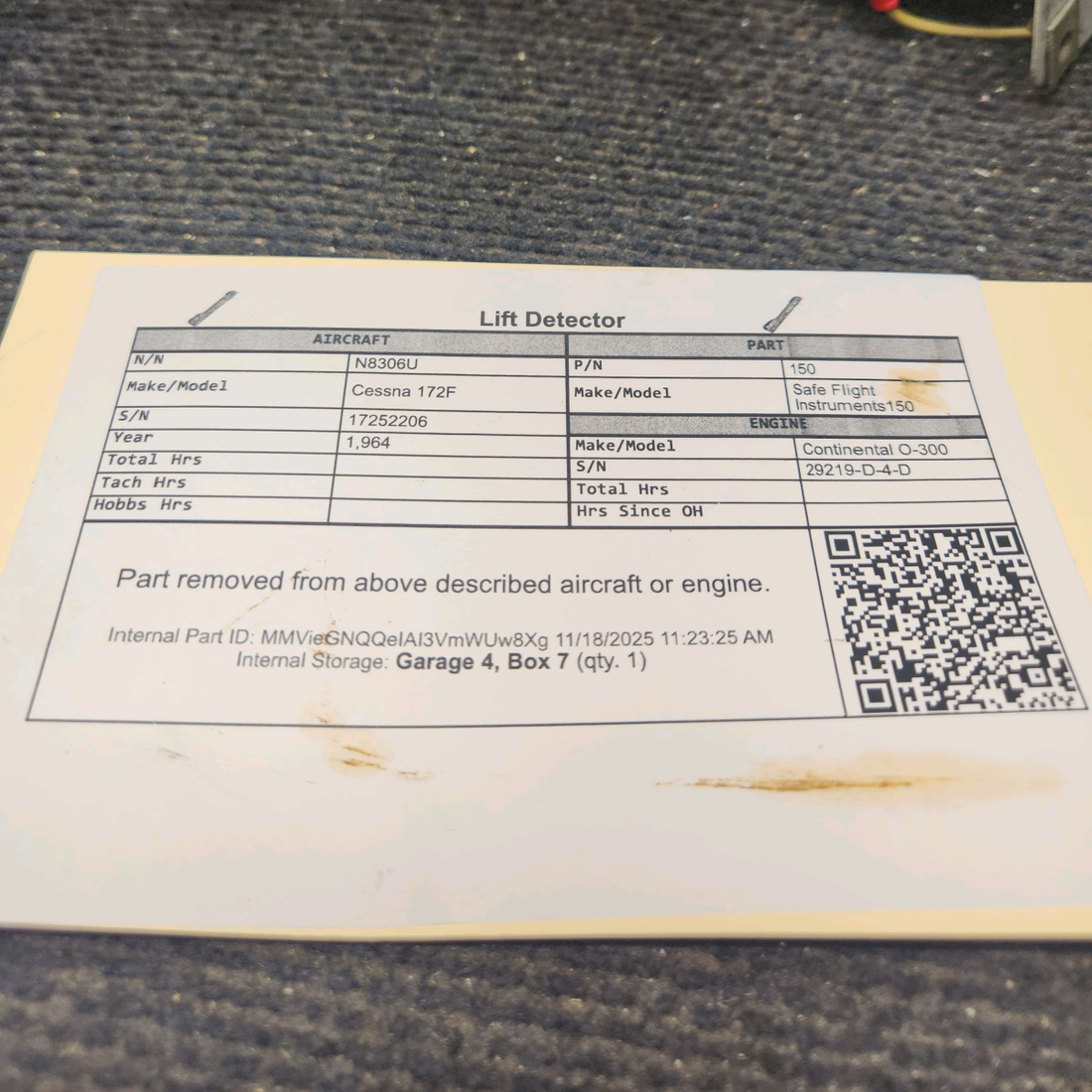 Used aircraft parts for sale, 150 Safe Flight Instruments 150 Cessna 172F Lift Detector