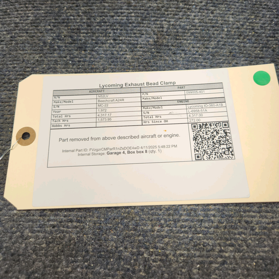 Used aircraft parts for sale, 099005-401 Beechcraft A24R Lycoming Exhaust Bead Clamp