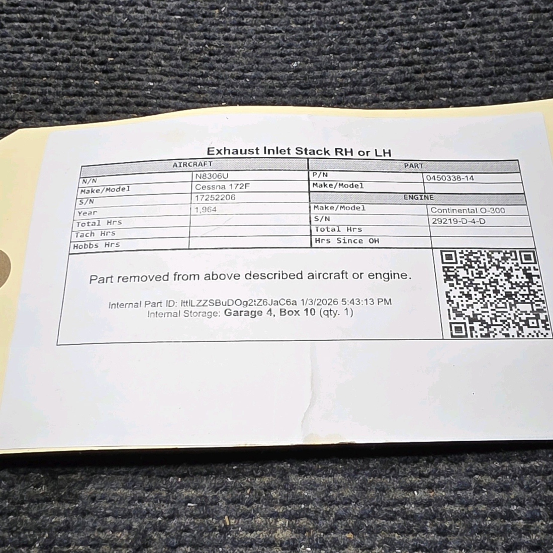 Used aircraft parts for sale, 0450338-14 Cessna 172F Exhaust Inlet Stack RH or LH