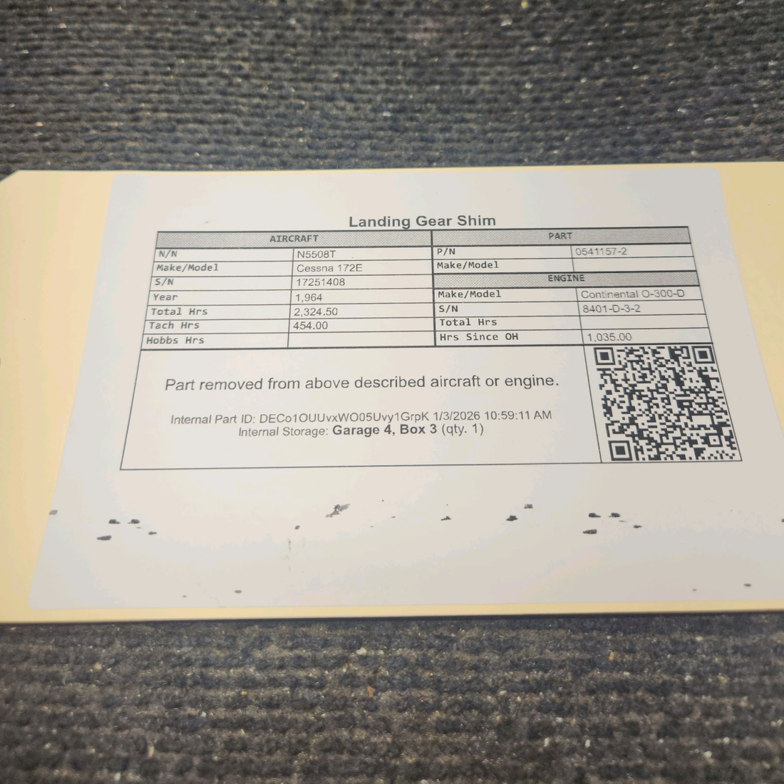 Used aircraft parts for sale, 0541157-2 Cessna 172E Landing Gear Shim