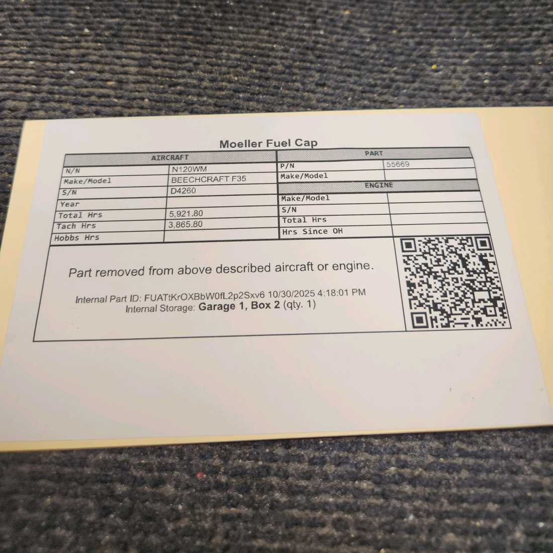 Used aircraft parts for sale, 55669 Moeller BEECHCRAFT F35 Fuel Cap