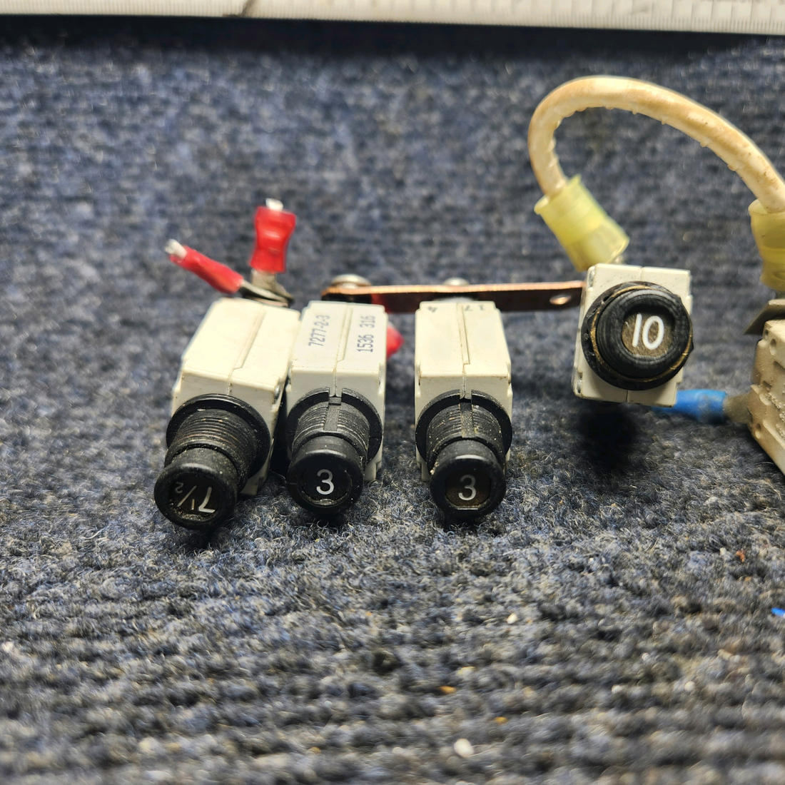 Used aircraft parts for sale, 7277-2-3, 7277-2-5 klixon 7277 Series Beechcraft A23A Musketeer Custom III KLIXON PUSH CIRCUIT BREAKER (SET OF 8)  (4-5A0 (2-3A) (1-7A) (1-10A)