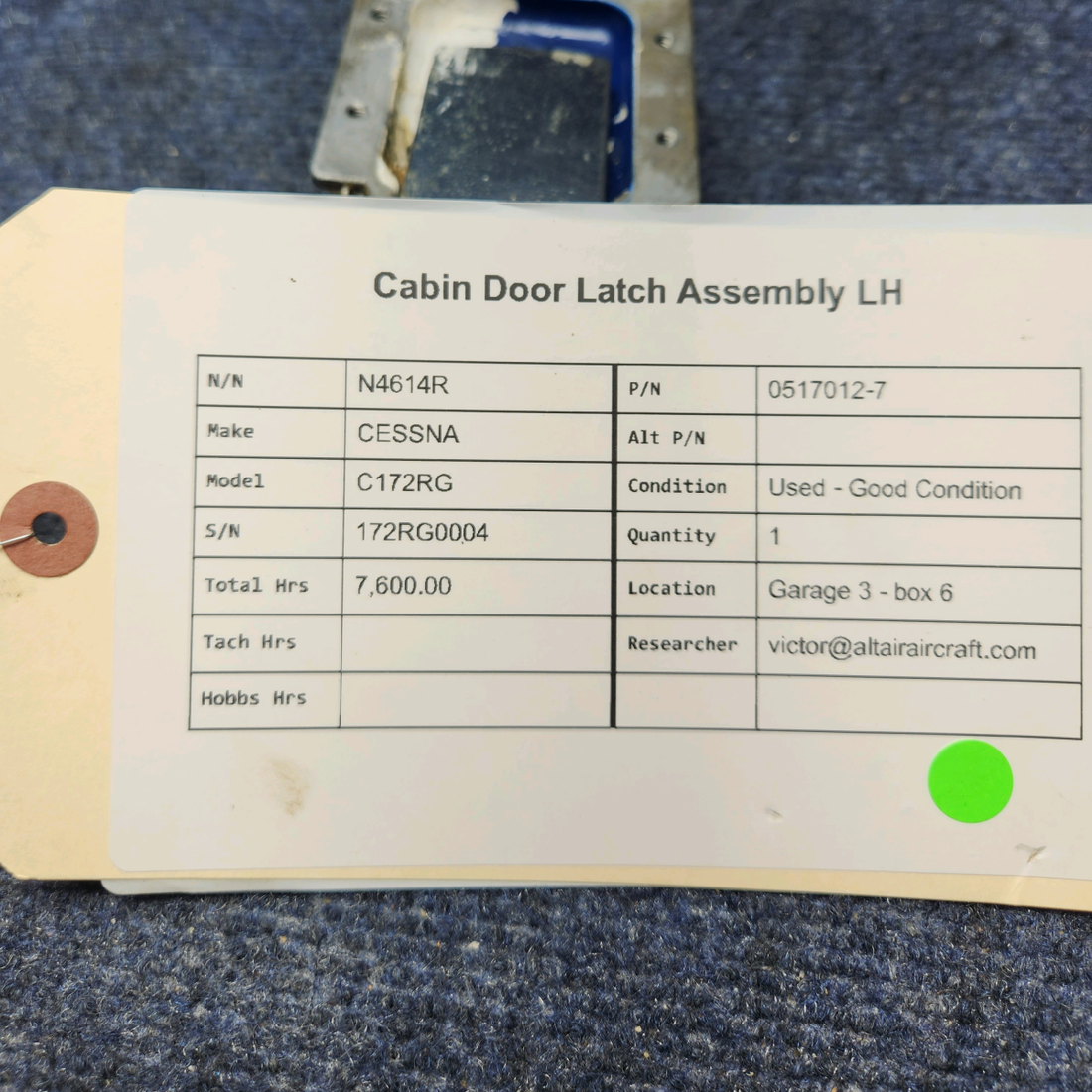 Used aircraft parts for sale, 0517012-7 CESSNA C172RG CABIN DOOR LATCH ASSEMBLY LH