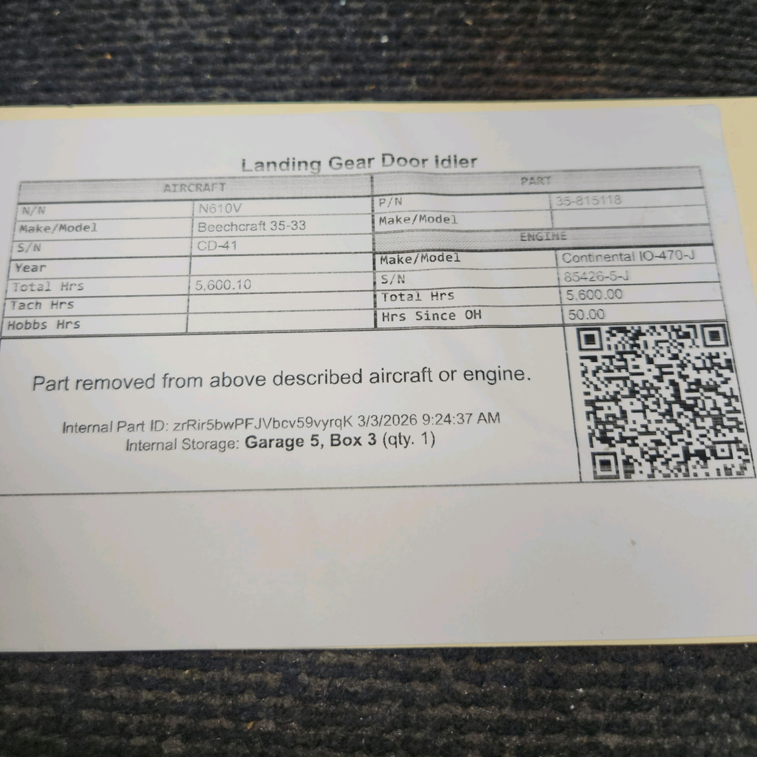 Used aircraft parts for sale, 35-815118 Beechcraft 35-33 Landing Gear Door Idler
