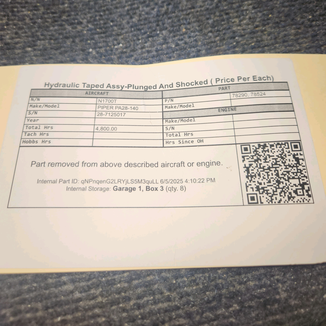 Used aircraft parts for sale, 78290 Lycoming O-320 PIPER PA28-140 Hydraulic Taped Assy-Plunged And Shocked - Price per each