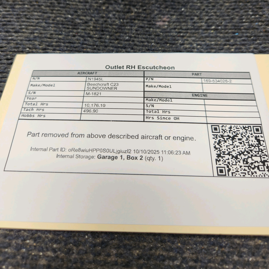Used aircraft parts for sale, 169-534026-2 Beechcraft C23 SUNDOWNER Outlet Escutcheon - RH