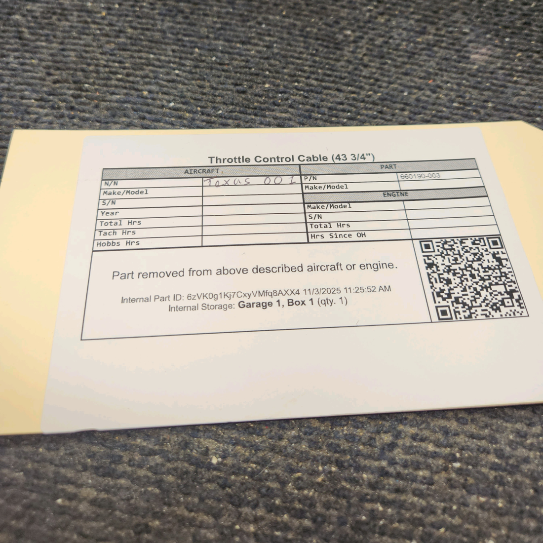 Used aircraft parts for sale, 660190-003 Throttle Control Cable (43 3/4")