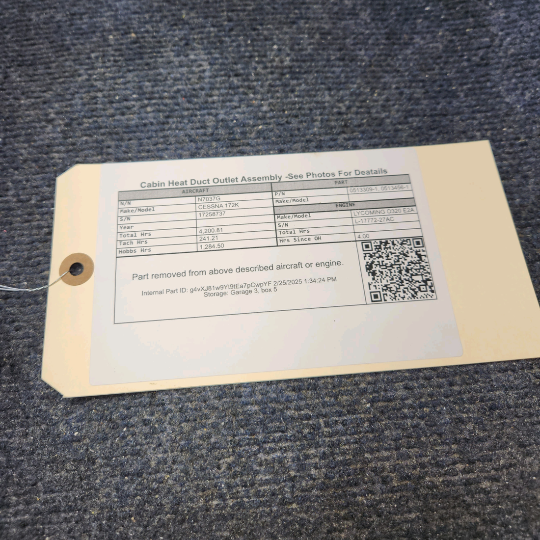 Used aircraft parts for sale, 0513309-1 CESSNA 172K CABIN HEAT DUCT OUTLET ASSEMBLY -SEE PHOTOS FOR DETAILS