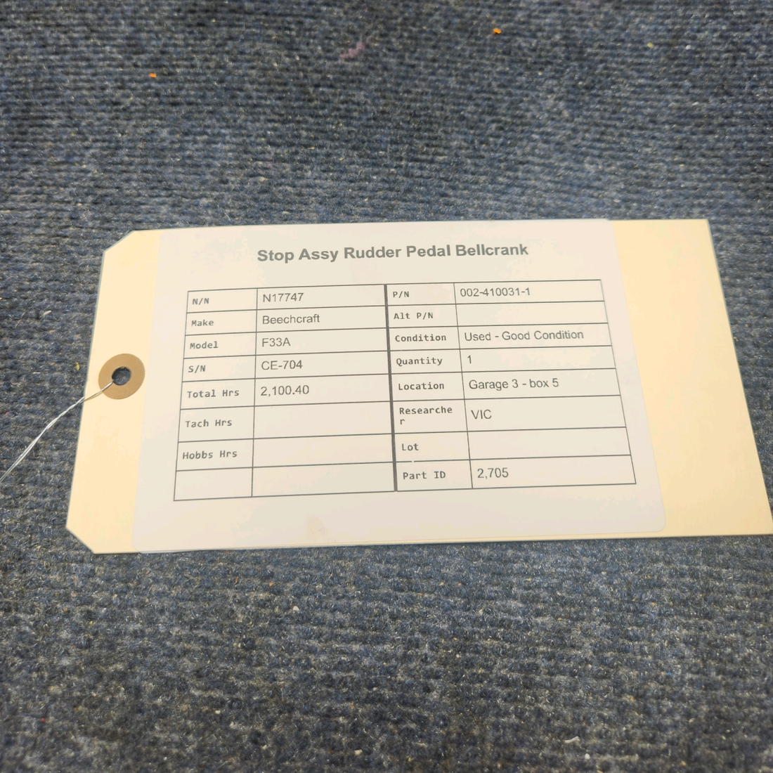Used aircraft parts for sale, 002-410031-1 Beechcraft F33A STOP ASSY RUDDER PEDAL BELLCRANK