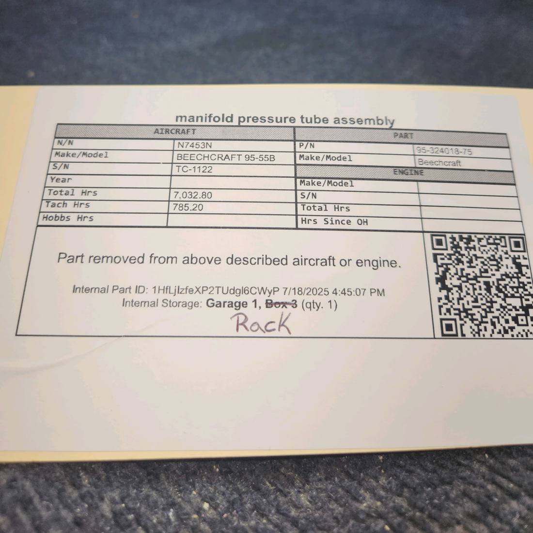 Used aircraft parts for sale, 95-324018-75 BEECHCRAFT 95-55B Manifold Pressure Tube Assembly