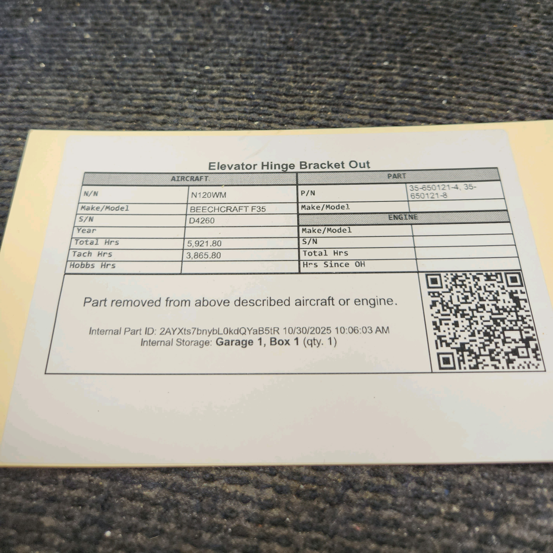 Used aircraft parts for sale, 35-650121-4 BEECHCRAFT F35 Elevator Hinge Bracket Out