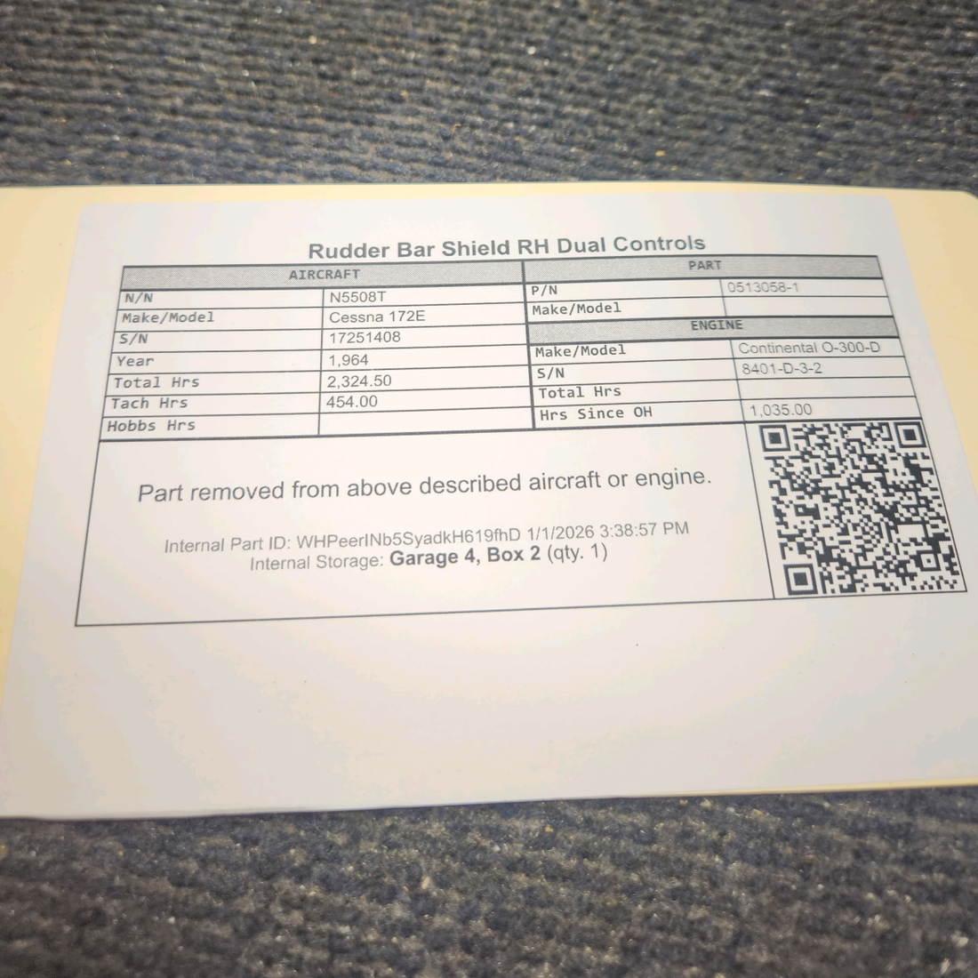 Used aircraft parts for sale, 0513058-1 Cessna 172E Rudder Bar Shield - RH Dual Controls