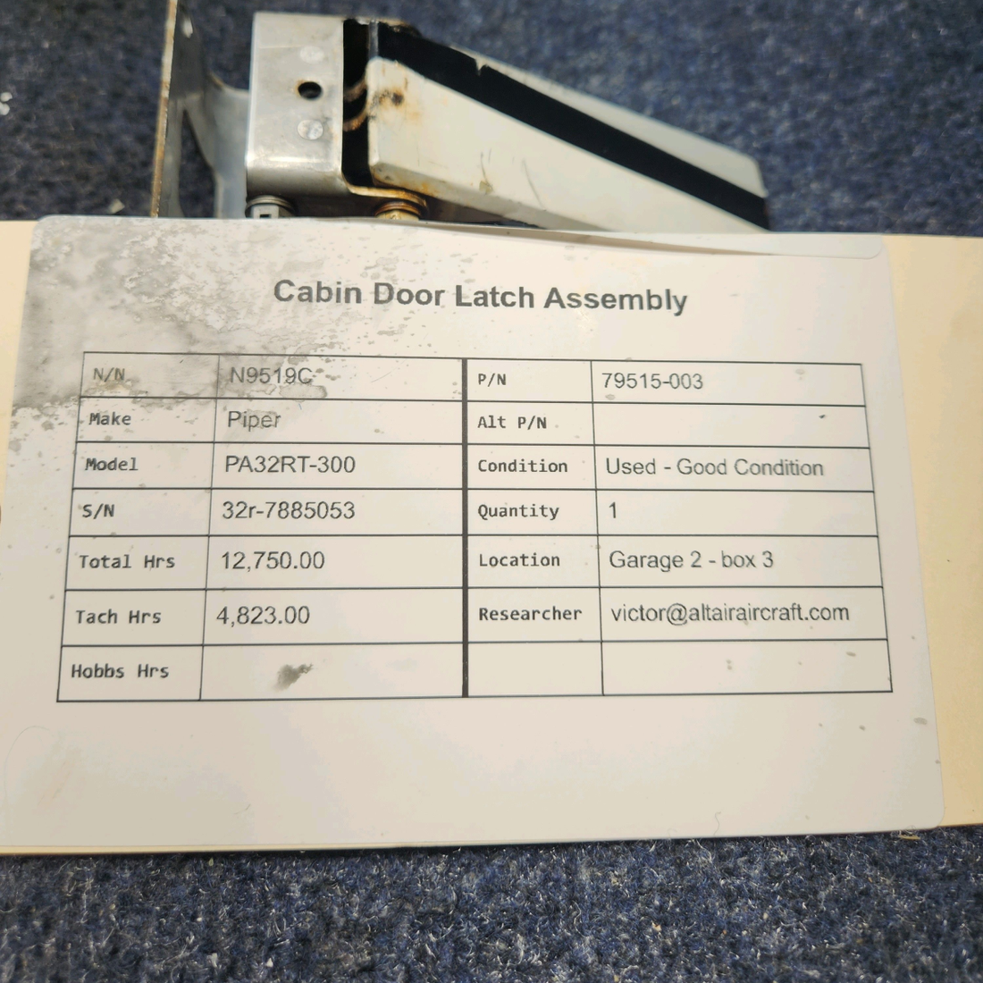Used aircraft parts for sale, 79515-003 Piper PA32RT-300 CABIN DOOR LATCH ASSEMBLY