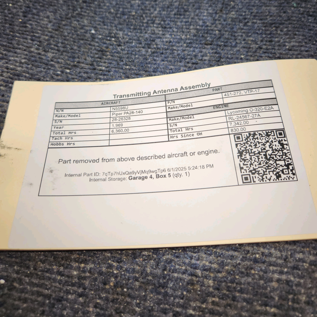 Used aircraft parts for sale, 451-272 Piper PA28-140 Transmitting Antenna Assembly