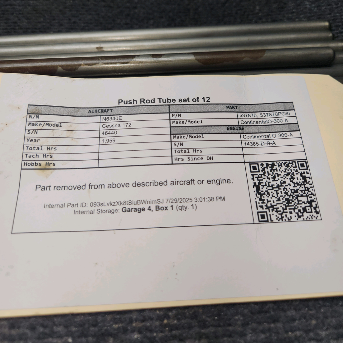 Used aircraft parts for sale, 537870 Continental O-300-A Cessna 172 Push Rod Tube - Set of 12