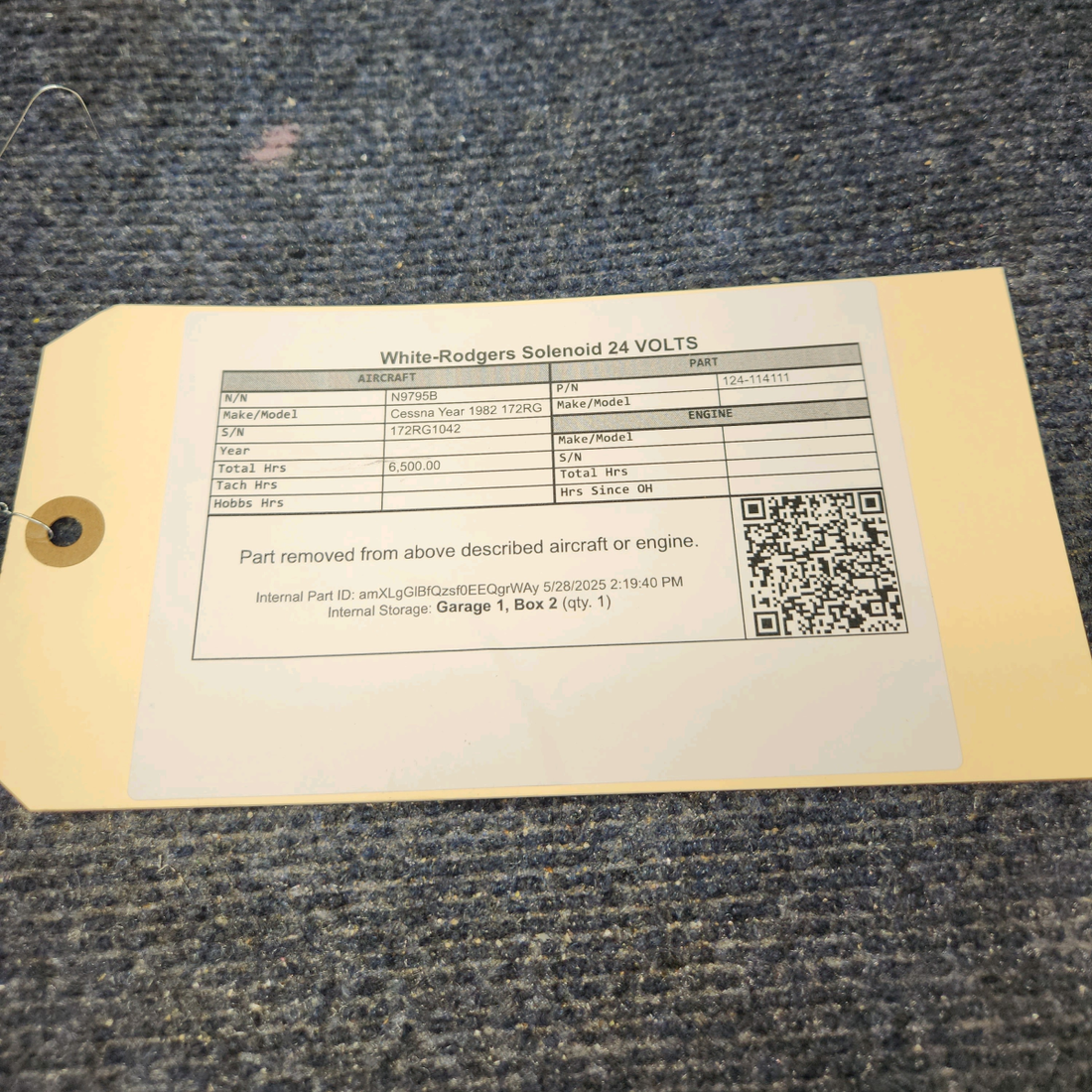 Used aircraft parts for sale, 124-114111 White Rodgers Cessna 172RG Solenoid 24 VOLTS