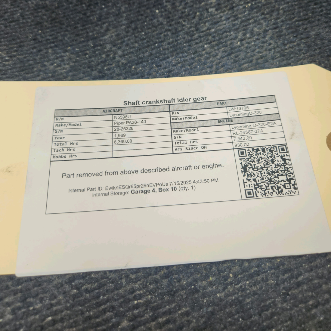 Used aircraft parts for sale, LW-13796 Lycoming O-320 Piper PA28-140 Crankshaft Idler Gear Shaft