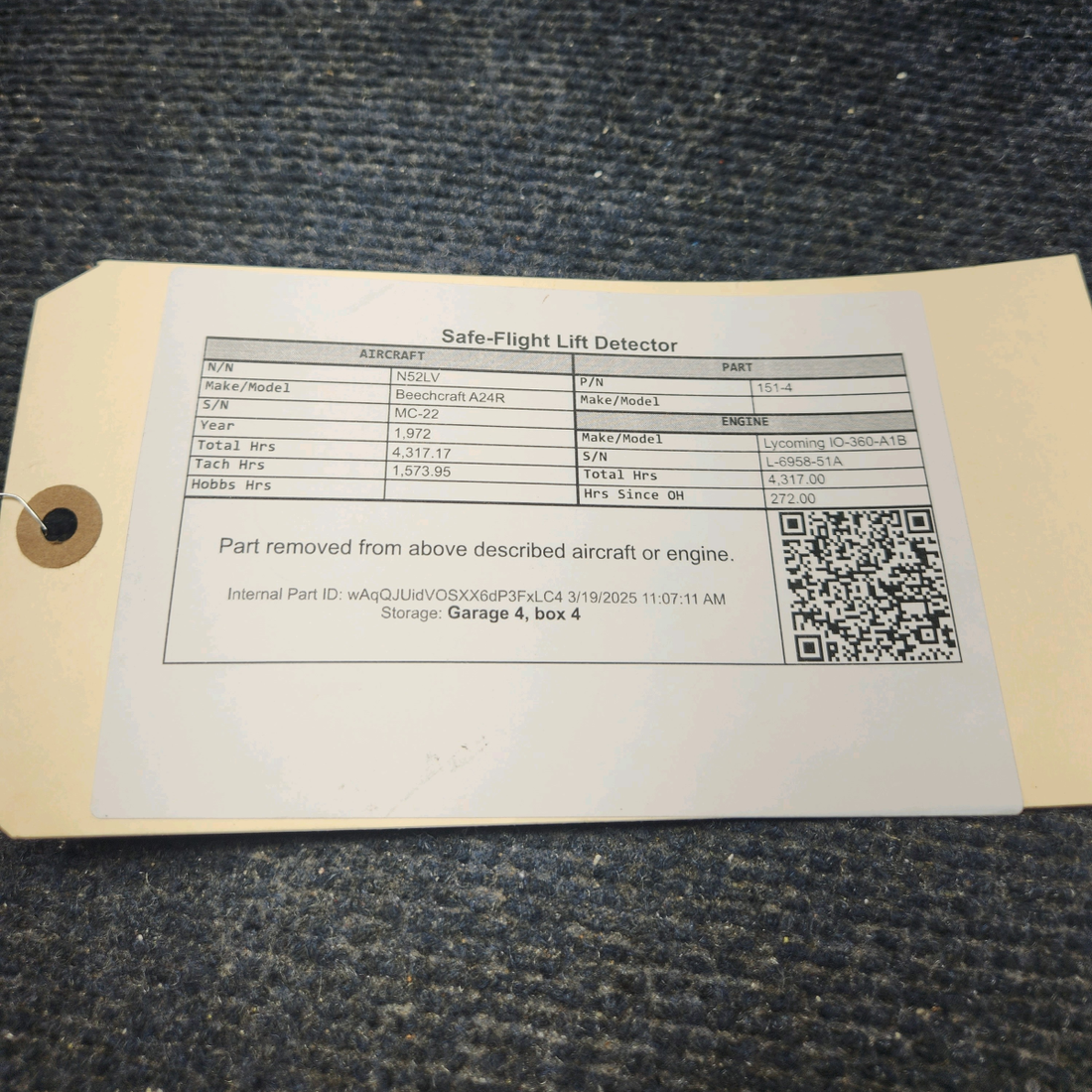 Used aircraft parts for sale, 151-4 Beechcraft A24R Safe-Flight Lift Detector