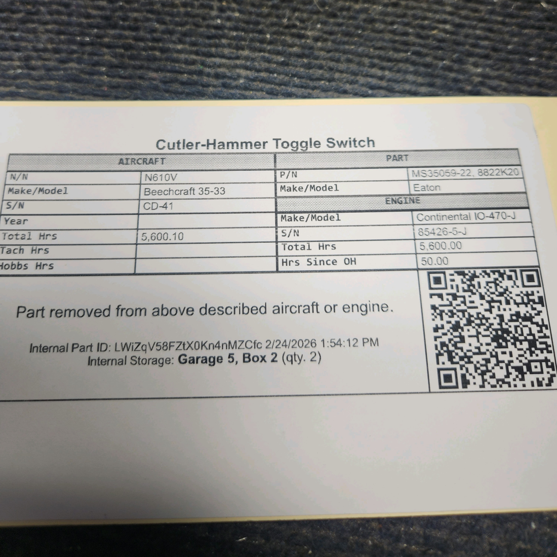 Used aircraft parts for sale, MS35059-22 Eaton Beechcraft 35-33 Cutler-Hammer Toggle Switch