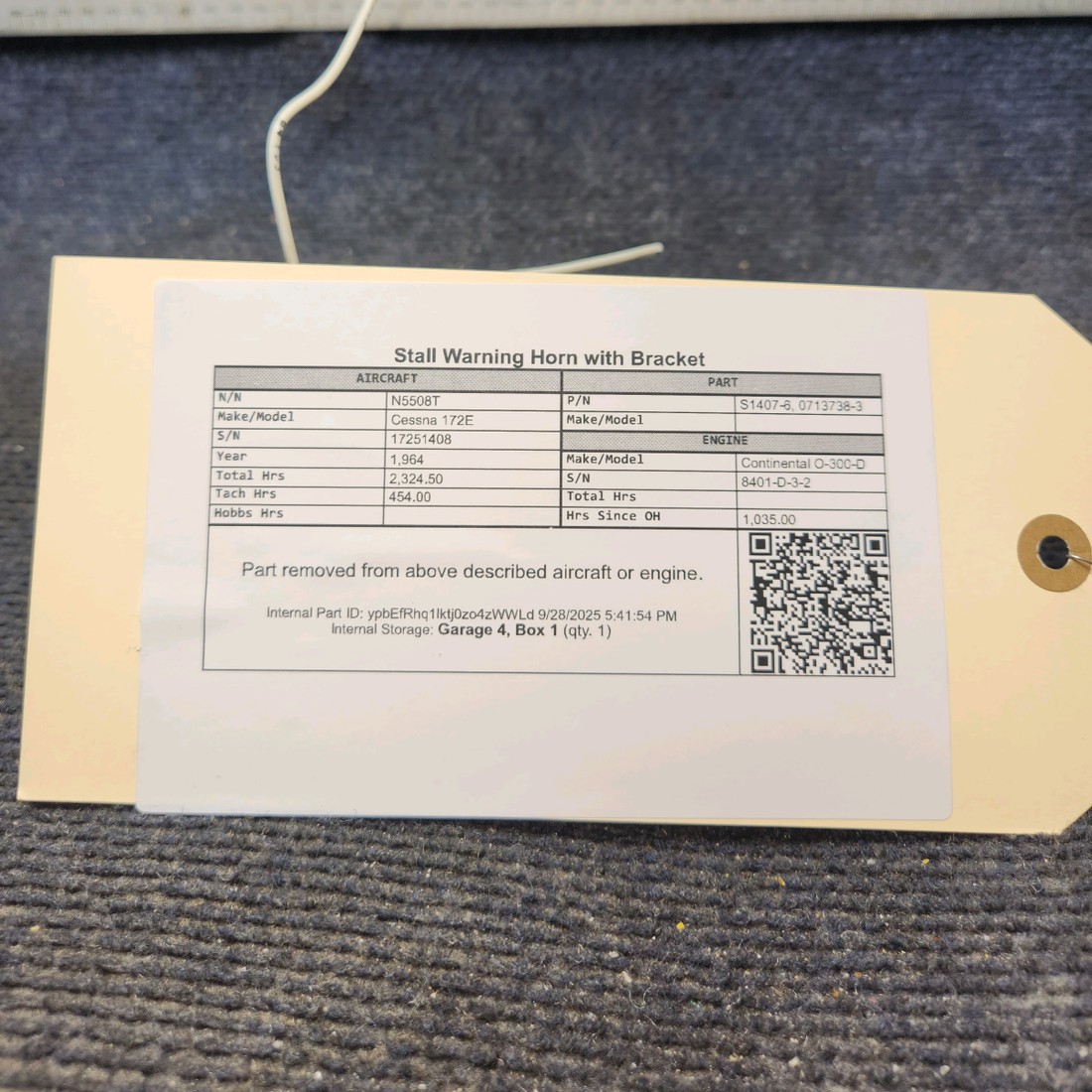 Used aircraft parts for sale, S1407-6, 0713738-3 Cessna 172E Stall Warning Horn with Bracket