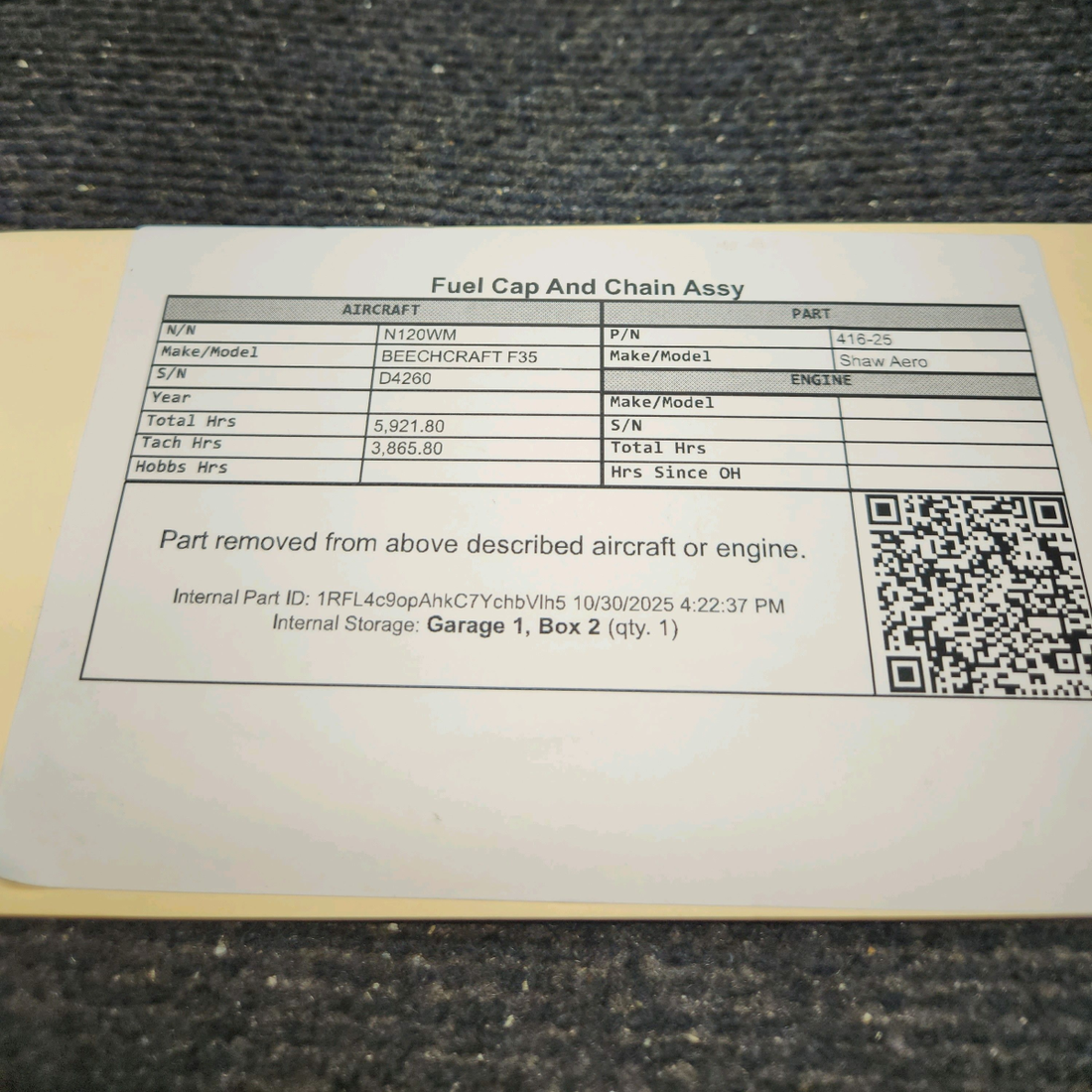 Used aircraft parts for sale, 416-25 Shaw Aero BEECHCRAFT F35 Fuel Cap And Chain Assy