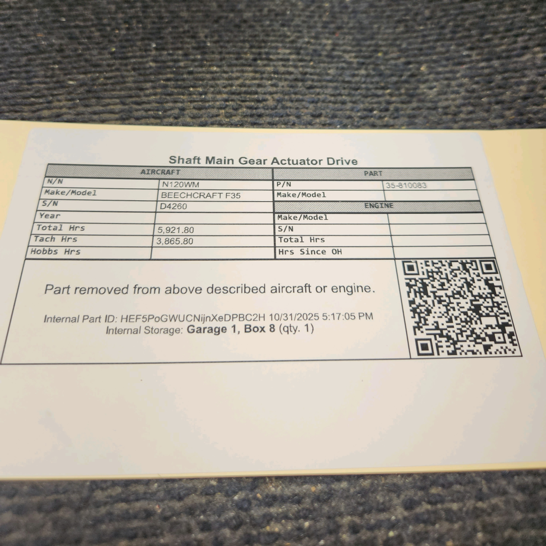 Used aircraft parts for sale, 35-810083 BEECHCRAFT F35 Shaft Main Gear Actuator Drive