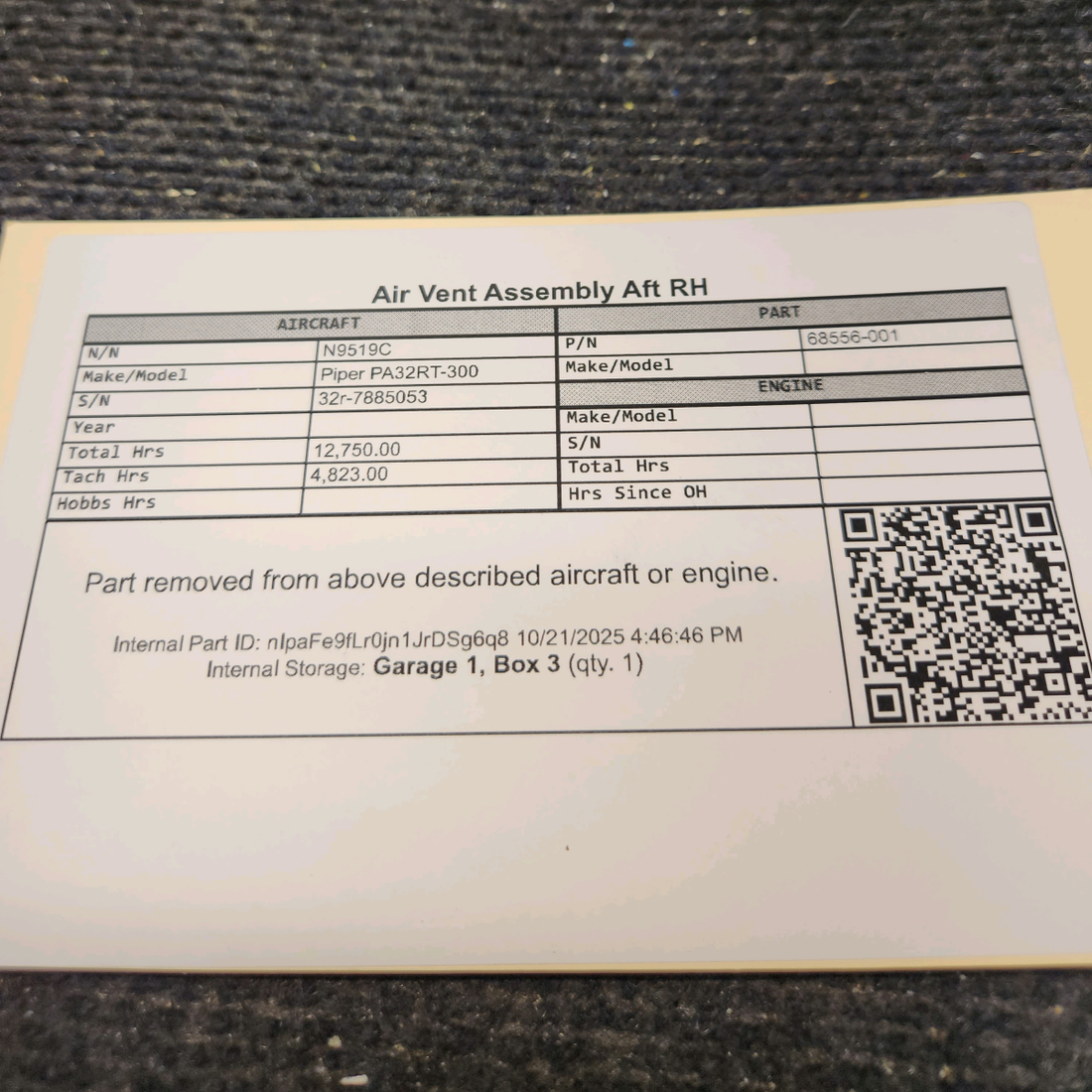 Used aircraft parts for sale, 68556-001 Piper PA32RT-300 Aft Air Vent Assembly - RH