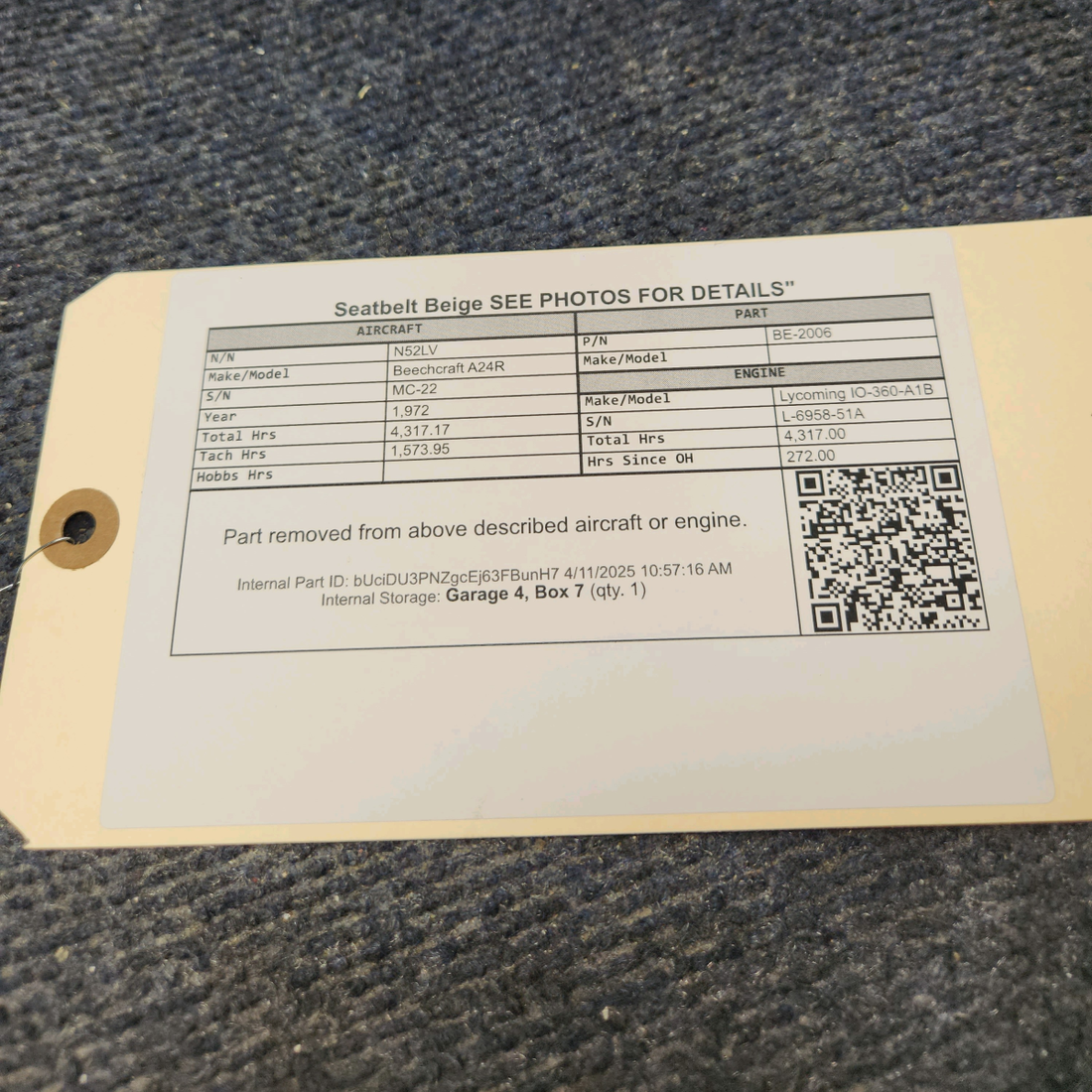 Used aircraft parts for sale, BE-2006 Beechcraft A24R Seatbelt Beige SEE PHOTOS FOR DETAILS