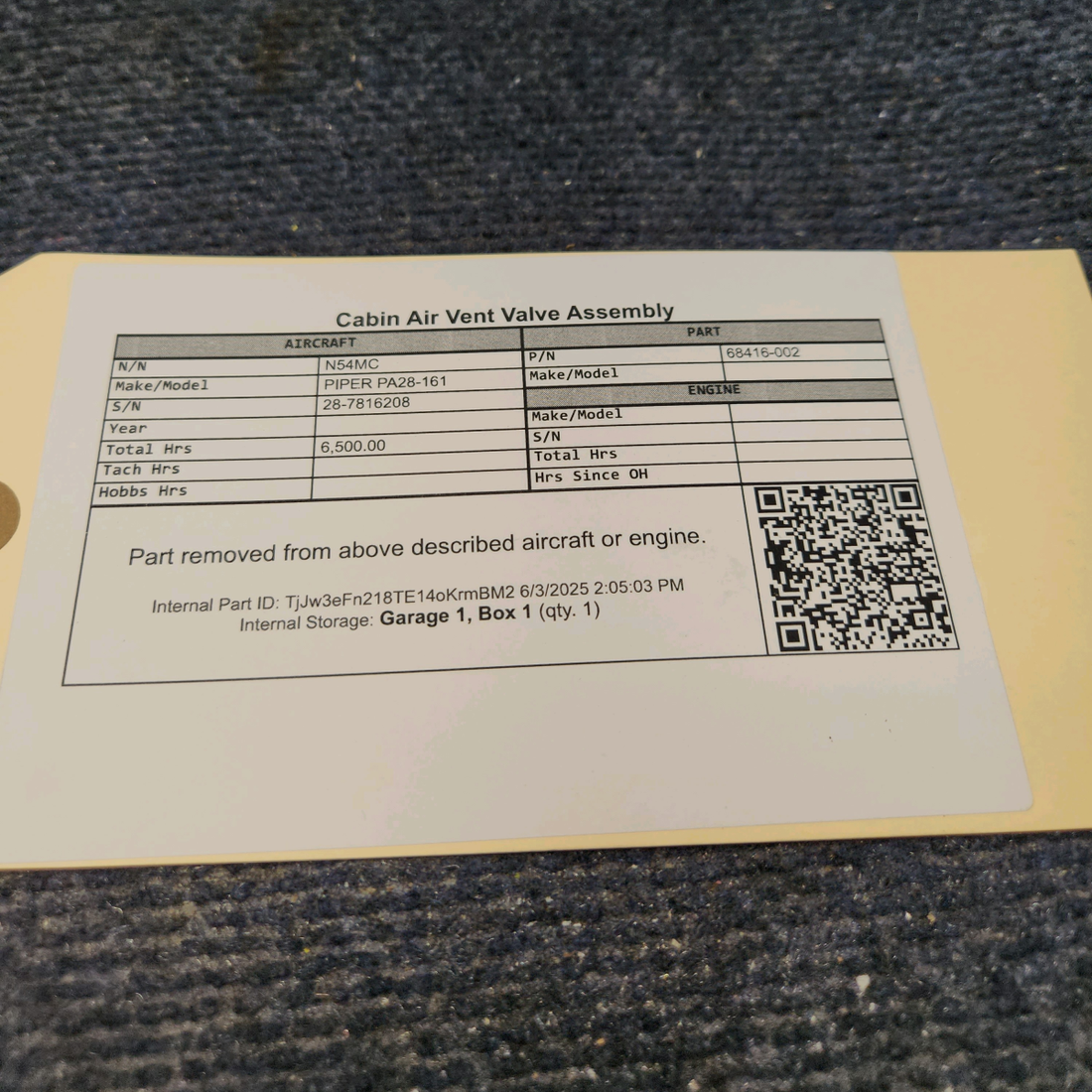 Used aircraft parts for sale, 68416-002 PIPER PA28-161 Cabin Air Vent Valve Assembly