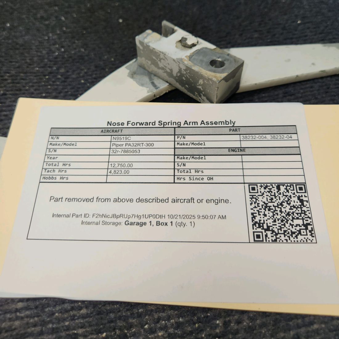 Used aircraft parts for sale, 38232-004 Piper PA32RT-300 Nose Gear Spring Arm Assembly Forward