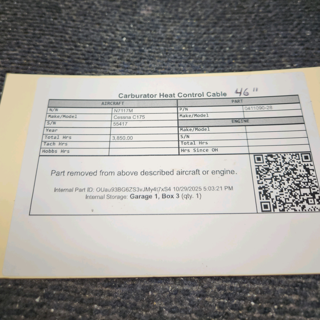 Used aircraft parts for sale, 0411090-28 Cessna C175 Carburator Heat Control Cable 46"