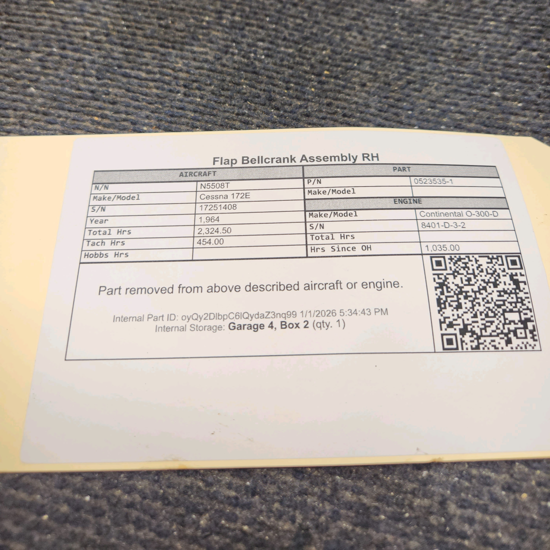 Used aircraft parts for sale, 0523535-1 Cessna 172E Flap Bellcrank Assembly RH