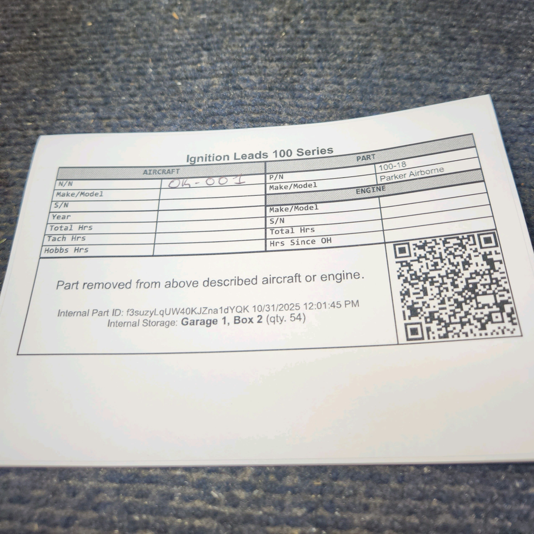 Used aircraft parts for sale, 100-18 Parker Airborne 100 Series Continental, Lycoming Repair Kit for Ignition Leads
