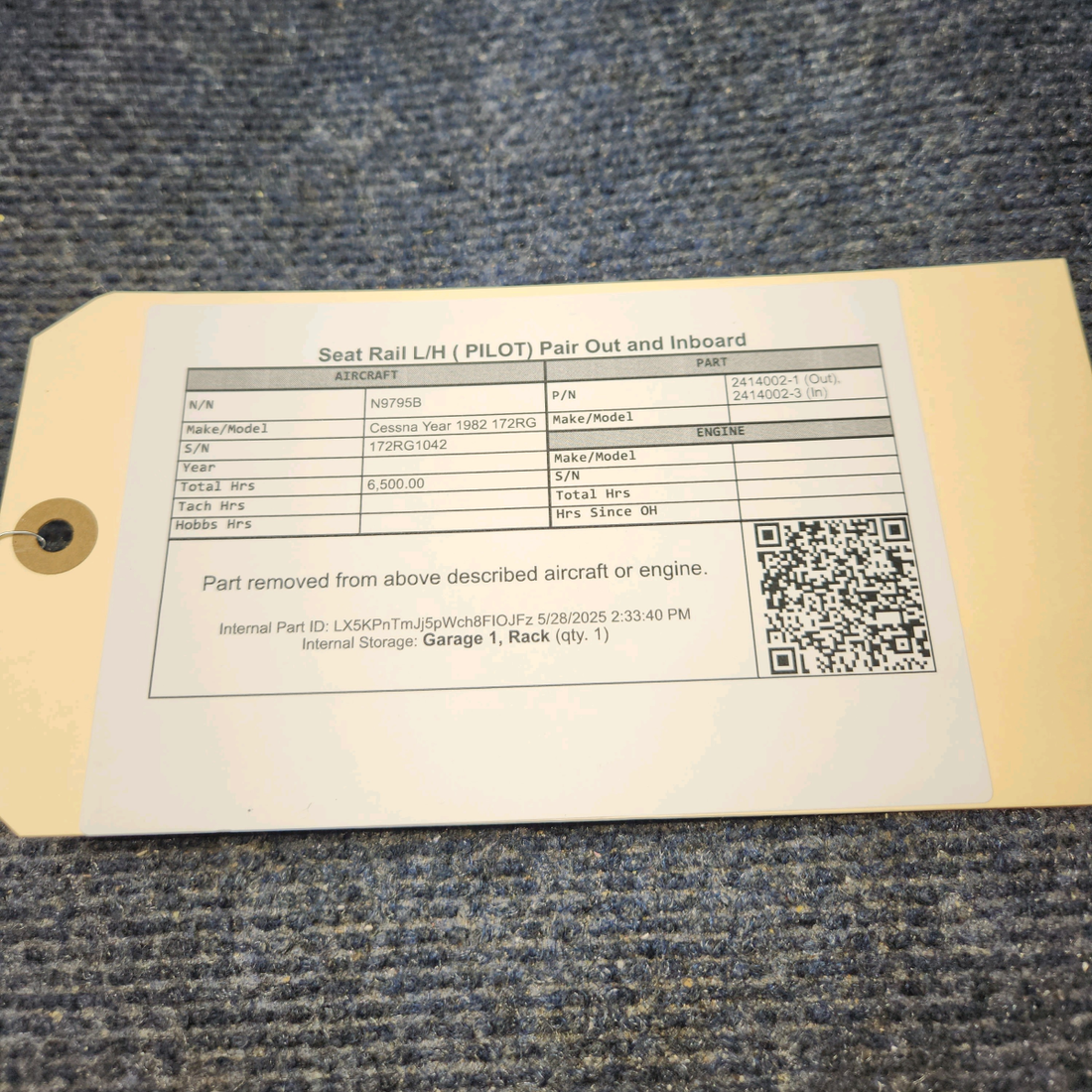 Used aircraft parts for sale, 2414002-1 Cessna 172RG Seat Rail L/H Outboard and Inboard- Pilot -Pair