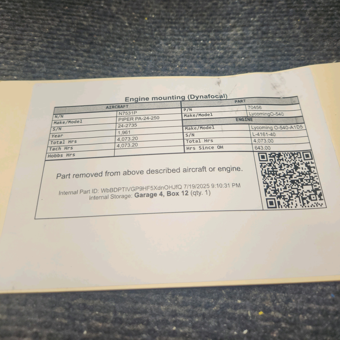 Used aircraft parts for sale, 70456 Lycoming O-540 PIPER PA-24-250 Engine Mounting – Dynafocal Type