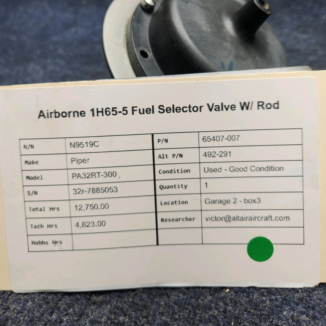 Used aircraft parts for sale, 65407-007 Airborne  [part_model] Piper PA32RT-300 FUEL SELECTOR VALVE W/ ROD