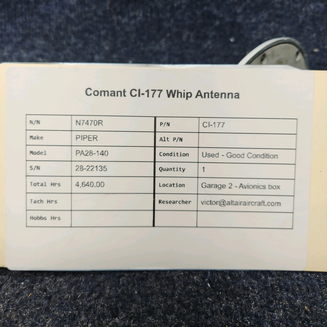 Used aircraft parts for sale, CI-177 PIPER PA28-140 COMANT CI-177 WHIP ANTENNA