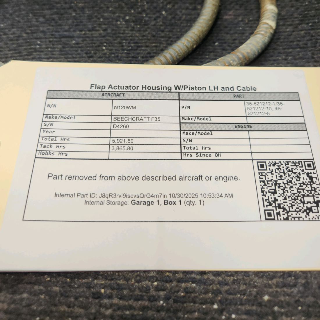 Used aircraft parts for sale, 35-521212-1, 35-521212-10 BEECHCRAFT F35 Flap Actuator Housing with Piston  Includes Cable – LH Side