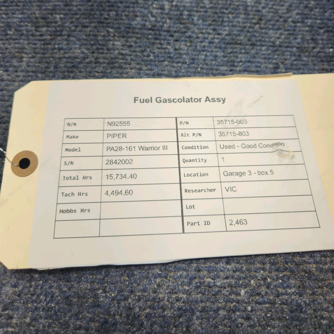 Used aircraft parts for sale, 35715-003 PIPER PA28-161 Warrior III FUEL GASCOLATOR ASSY