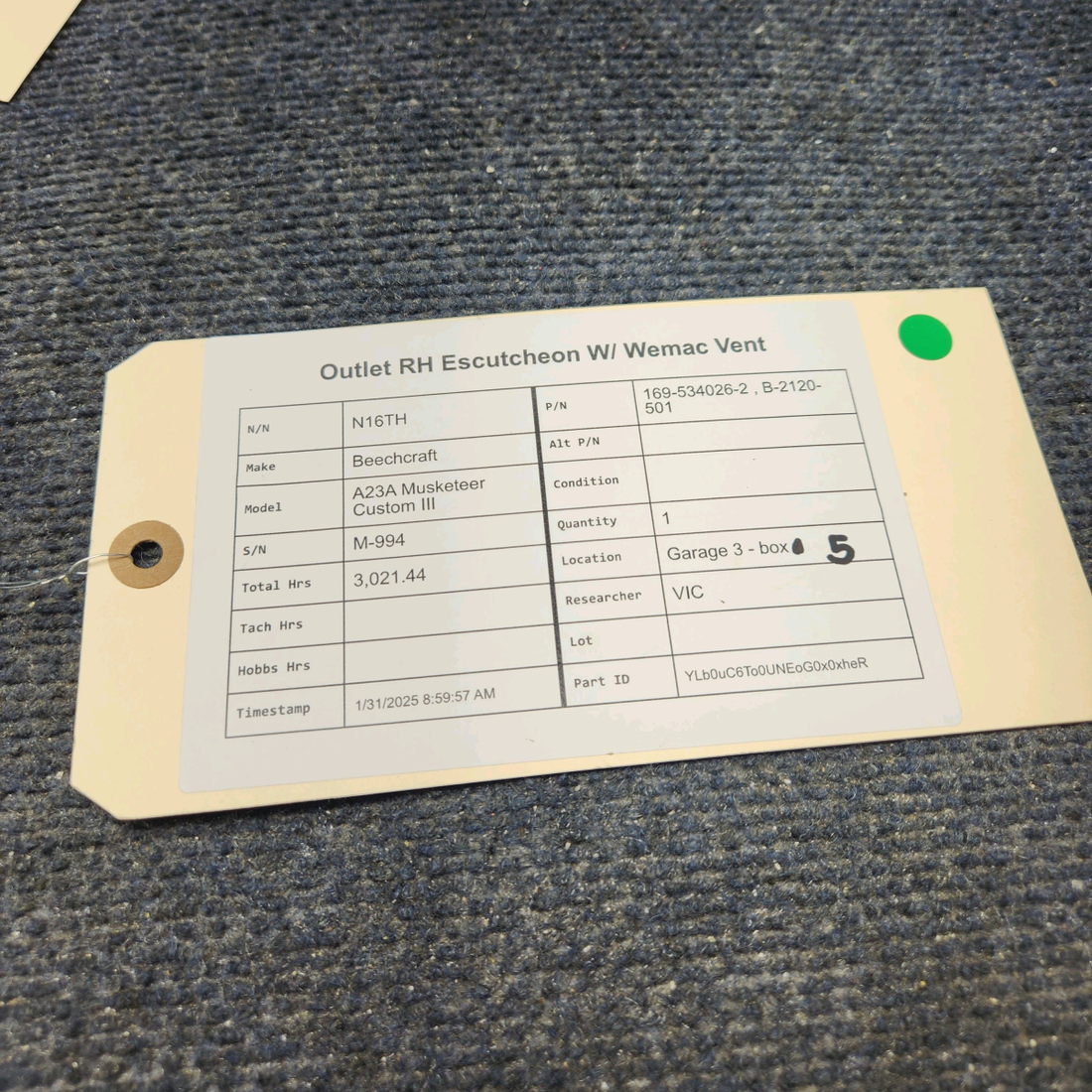 Used aircraft parts for sale, 169-534026-2 , B-2120-501 Beechcraft A23A Musketeer Custom III OUTLET RH ESCUTCHEON W/ WEMAC VENT