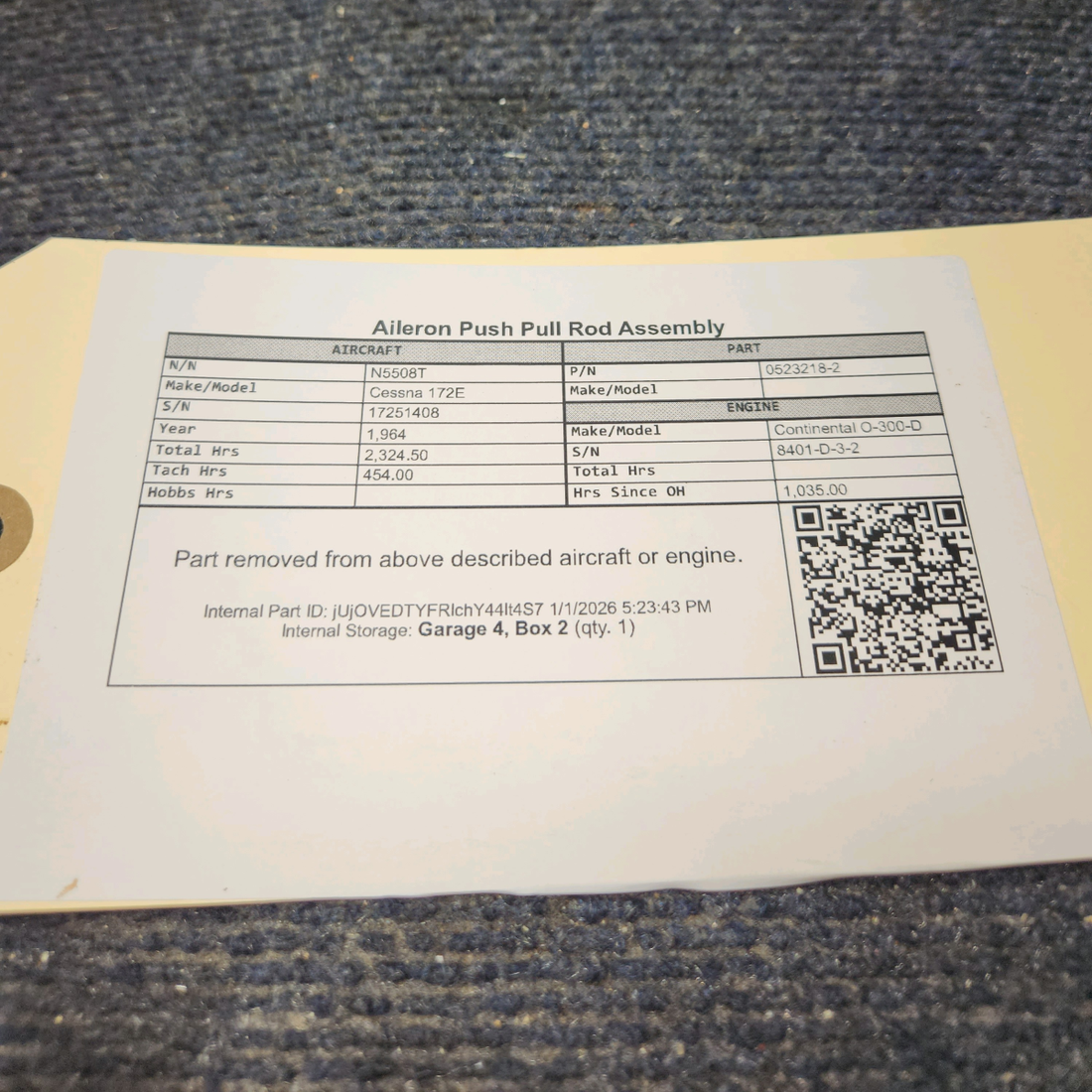 Used aircraft parts for sale, 0523218-2 Cessna 172E Aileron Push Pull Rod Assembly