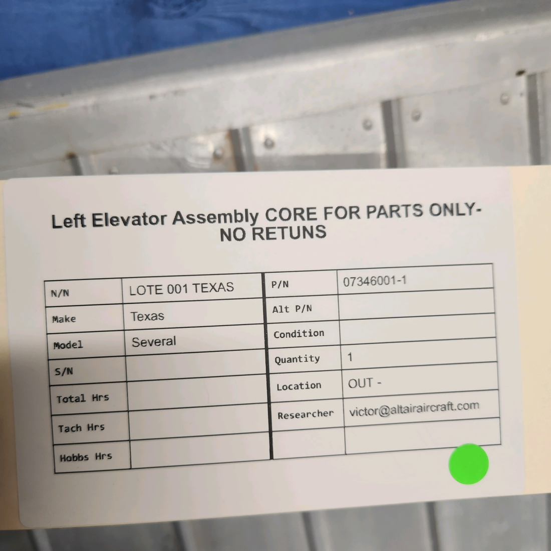 Used aircraft parts for sale, 07346001-1 Cessna  [part_model] Texas Several LEFT ELEVATOR ASSEMBLY CORE FOR PARTS ONLY-NO RETUNS