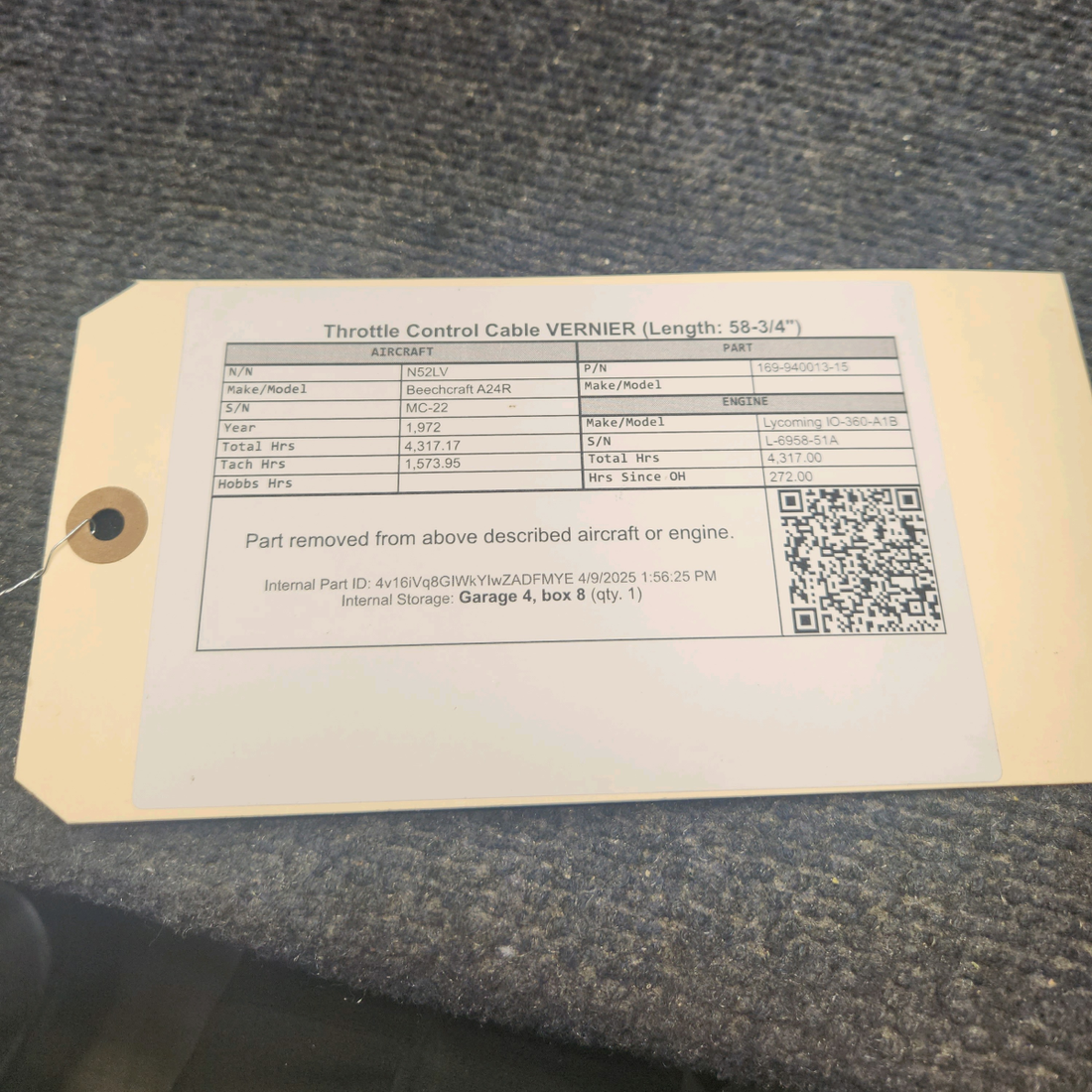 Used aircraft parts for sale, 169-940013-15 Beechcraft A24R Throttle Control Cable VERNIER (Length: 58-3/4") PLASTIC IS BROKEN SEE PHOTOS