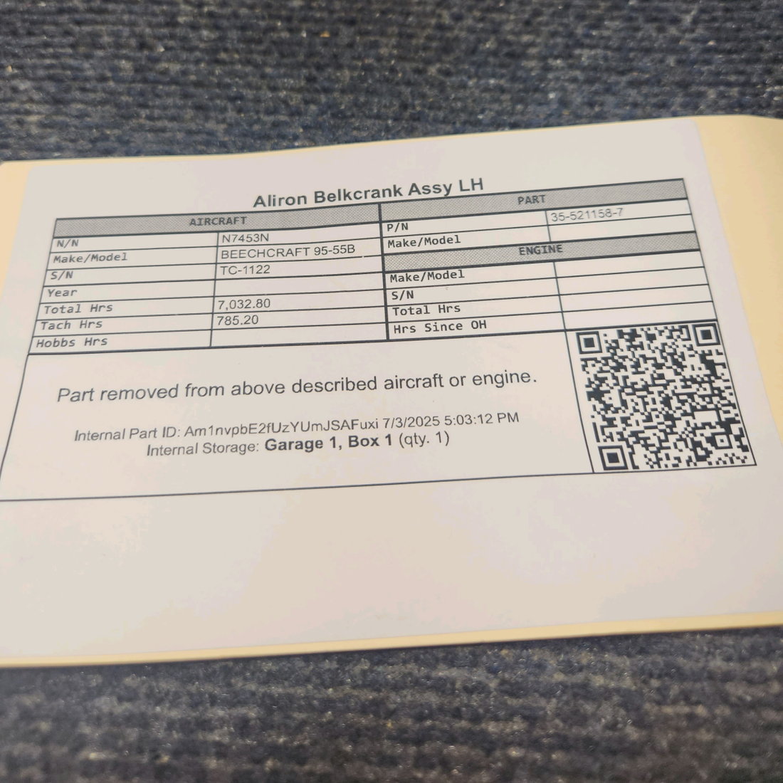 Used aircraft parts for sale, N7453N BEECHCRAFT 95-55B Aileron Bellcrank Assy - LH