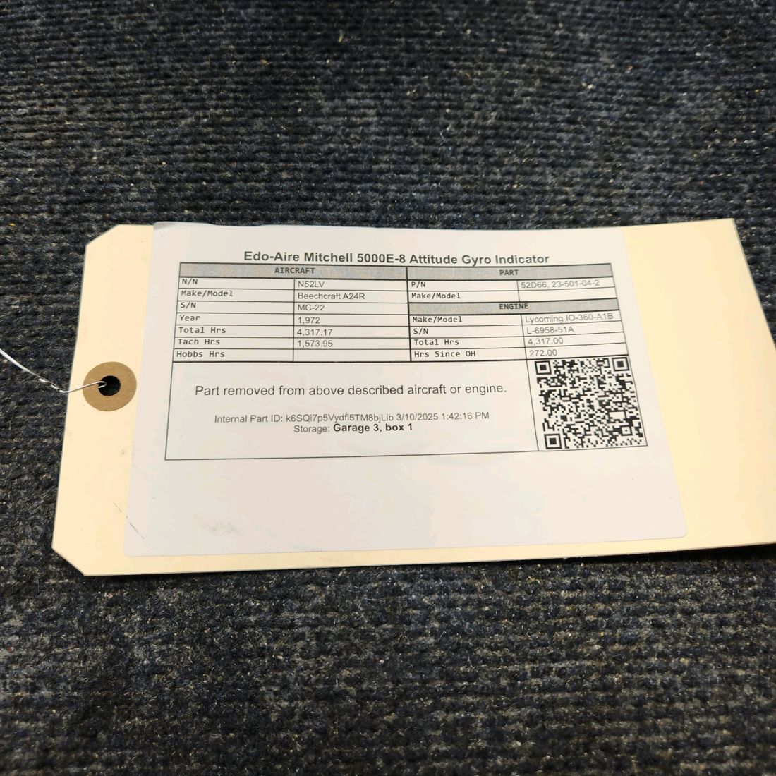 Used aircraft parts for sale, 52D66 EDO-AIRE Mitchell 5E-05 Beechcraft A24R Attitude Gyro Indicator