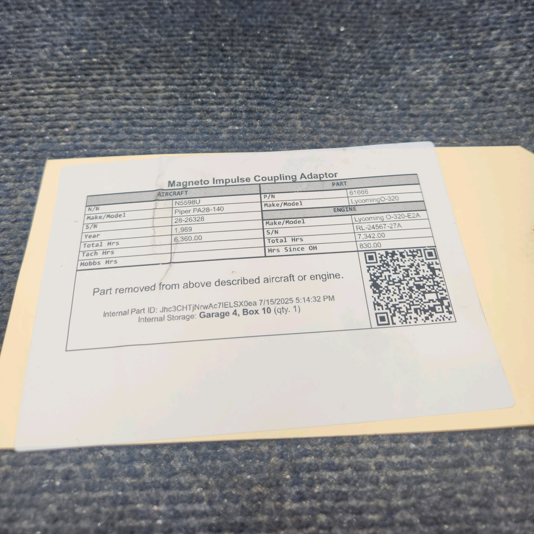 Used aircraft parts for sale, 61666 Lycoming O-320 Piper PA28-140 Magneto Impulse Coupling Adaptor