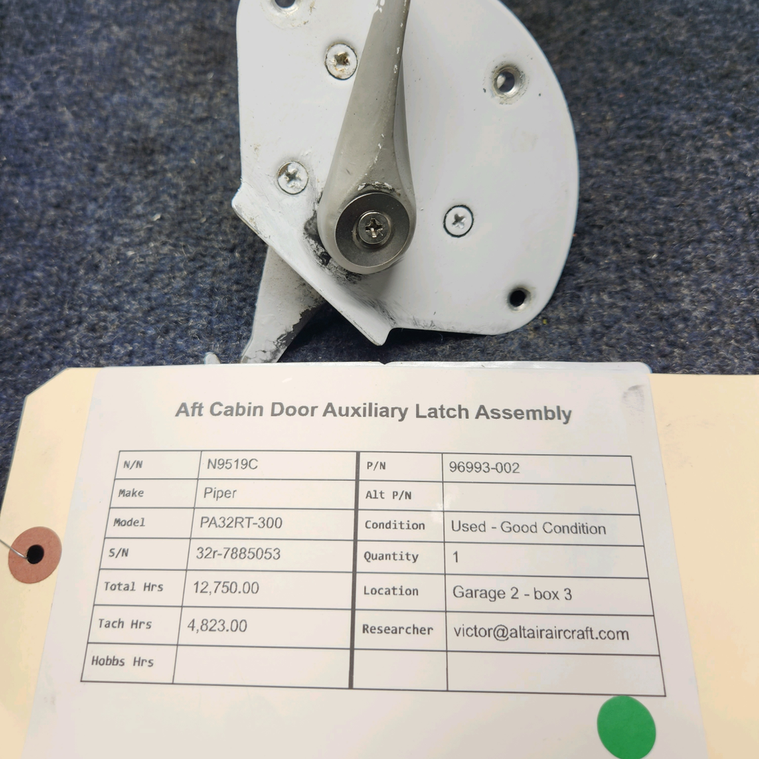 Used aircraft parts for sale, 96993-002 Piper PA32RT-300 AFT CABIN DOOR AUXILIARY LATCH ASSEMBLY