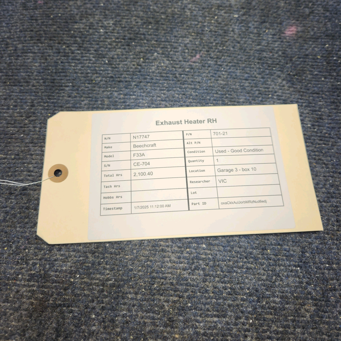 Used aircraft parts for sale, 701-21 Beechcraft F33A EXHAUST HEATER RH