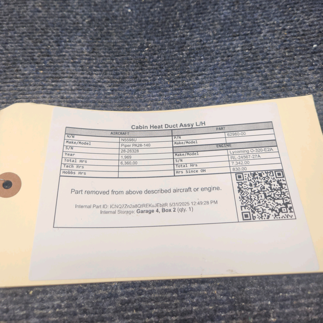 Used aircraft parts for sale, 62960-000 Piper PA28-140 Cabin Heat Duct Assy, L/H.