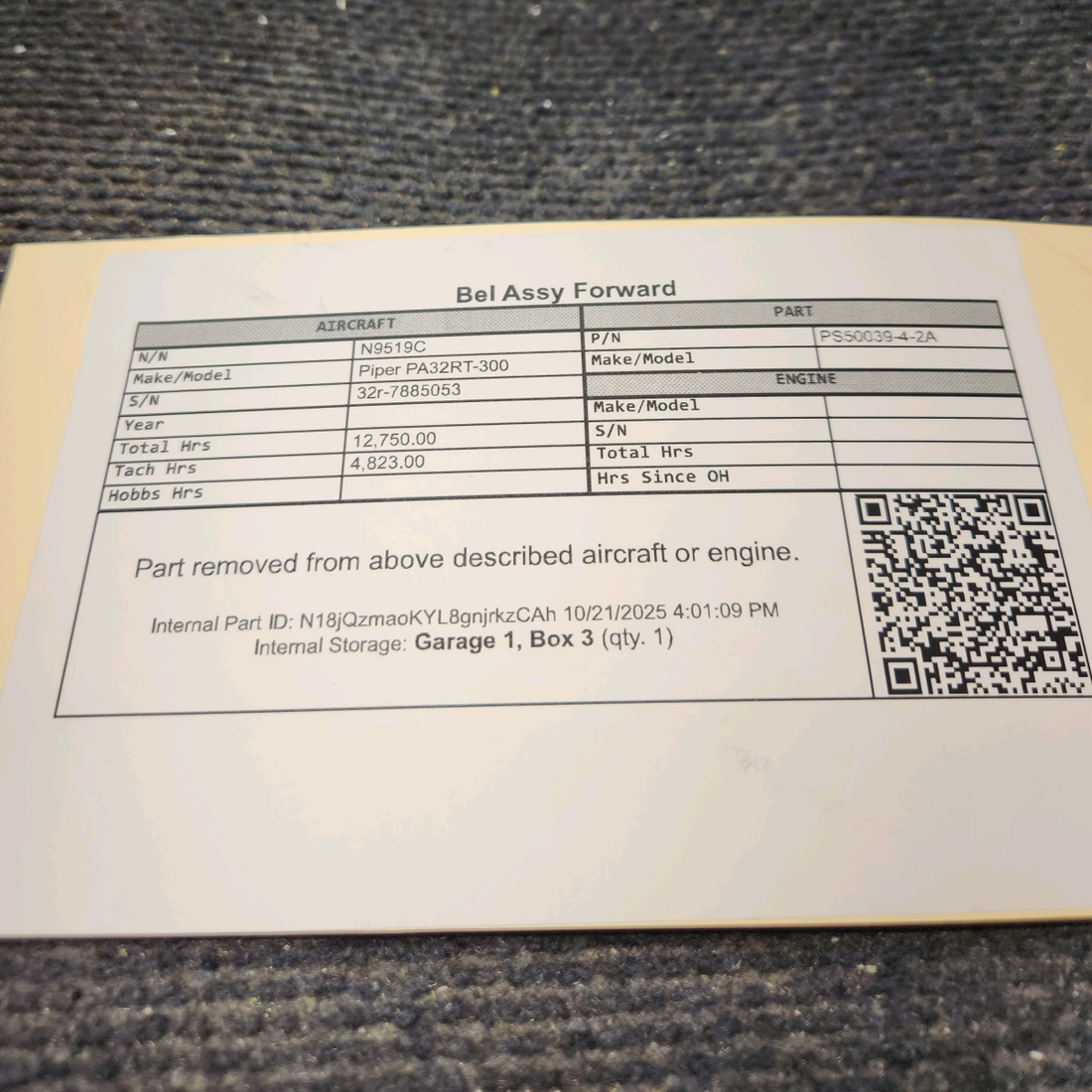 Used aircraft parts for sale, PS50039-4-2A Piper PA32RT-300 Forward Belt Assembly